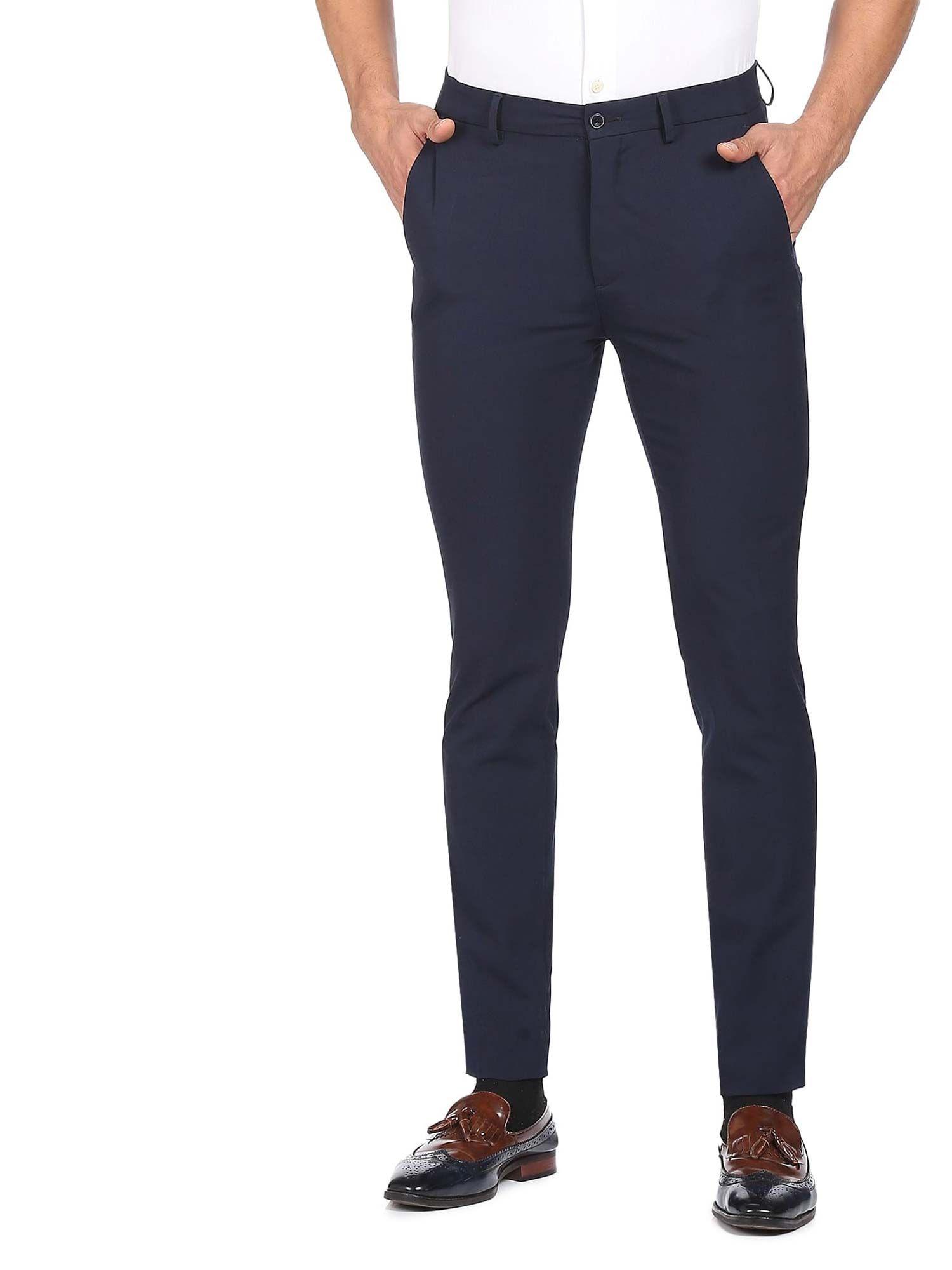 men blue jackson super slim fit solid formal trousers