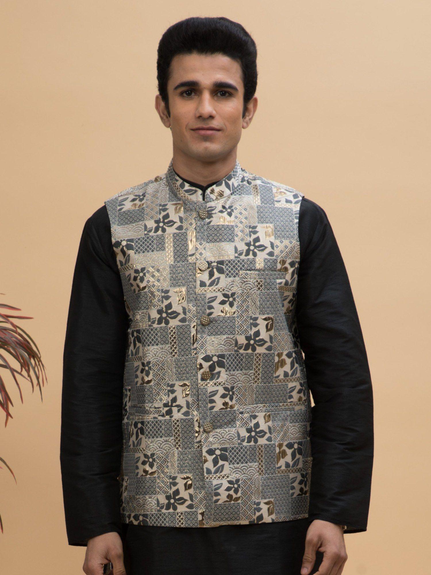 men blue jacquard silk blend nehru jacket