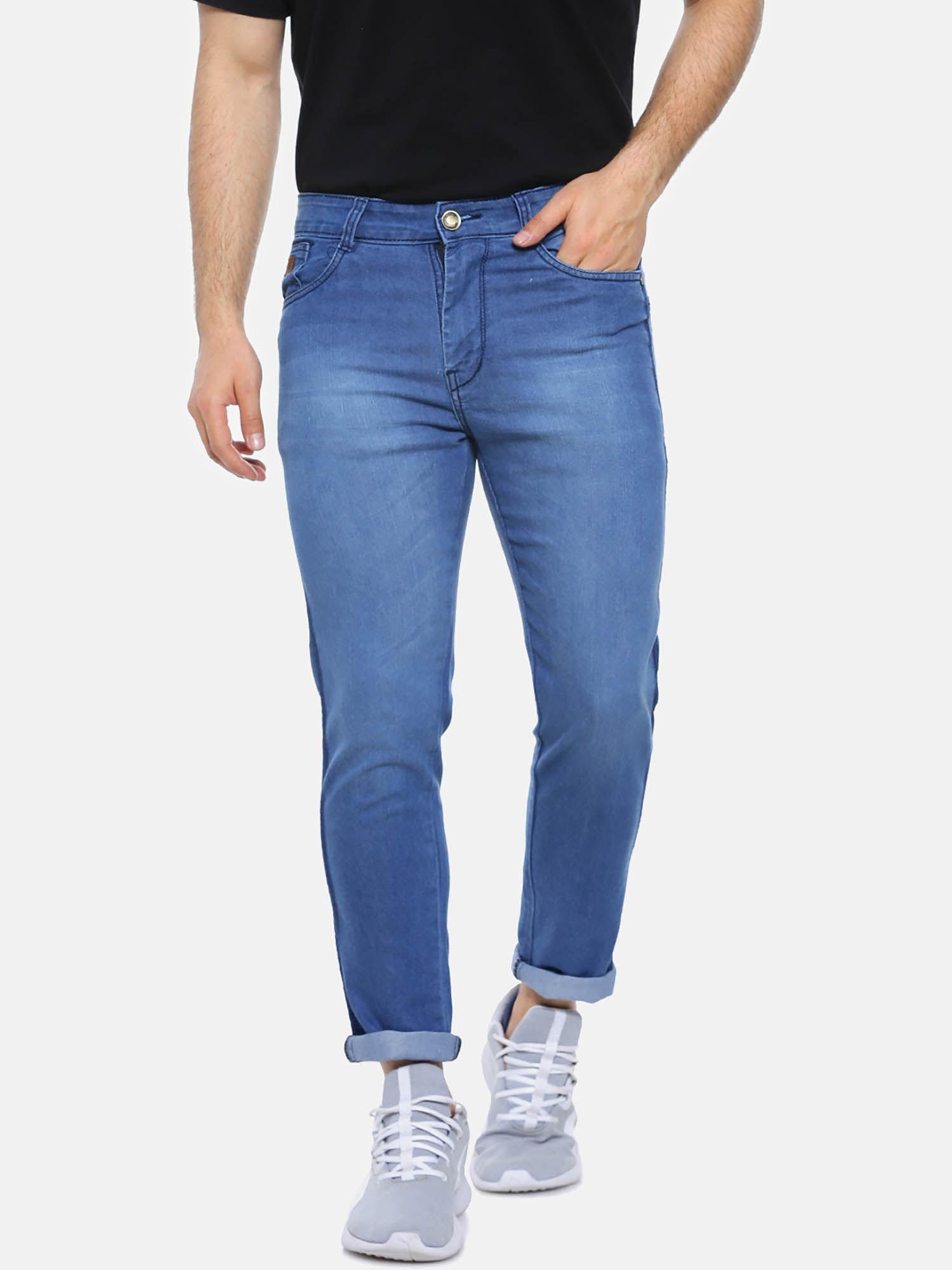 men blue jeans with side stripes