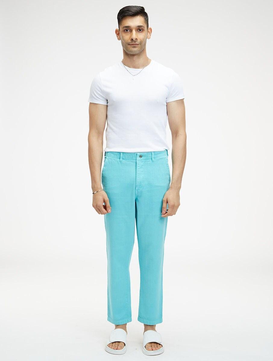 men blue khadi solid long regular fit pants