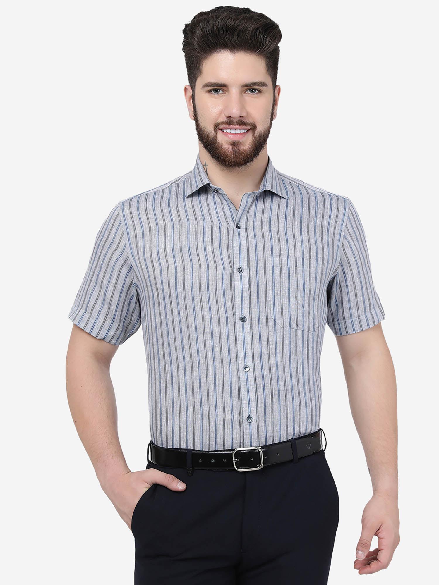 men blue linen regular fit striped formal shirt