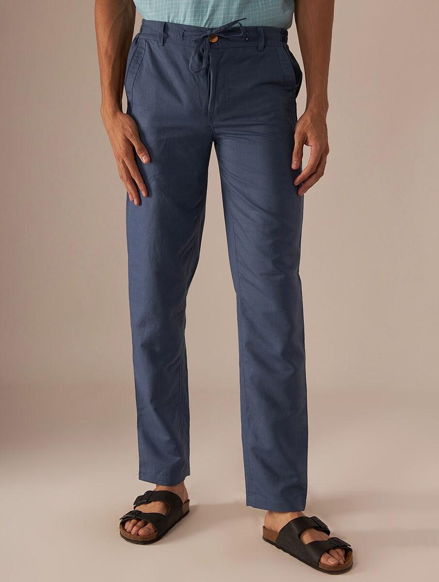 men blue linen solid regular regular fit pants