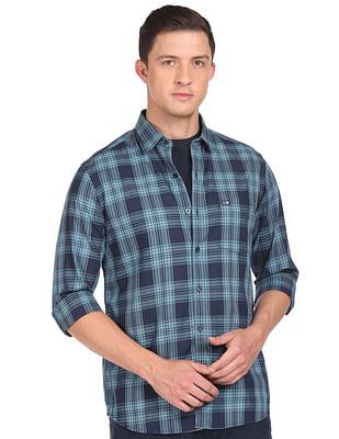 men blue manhattan slim fit cotton check casual shirt