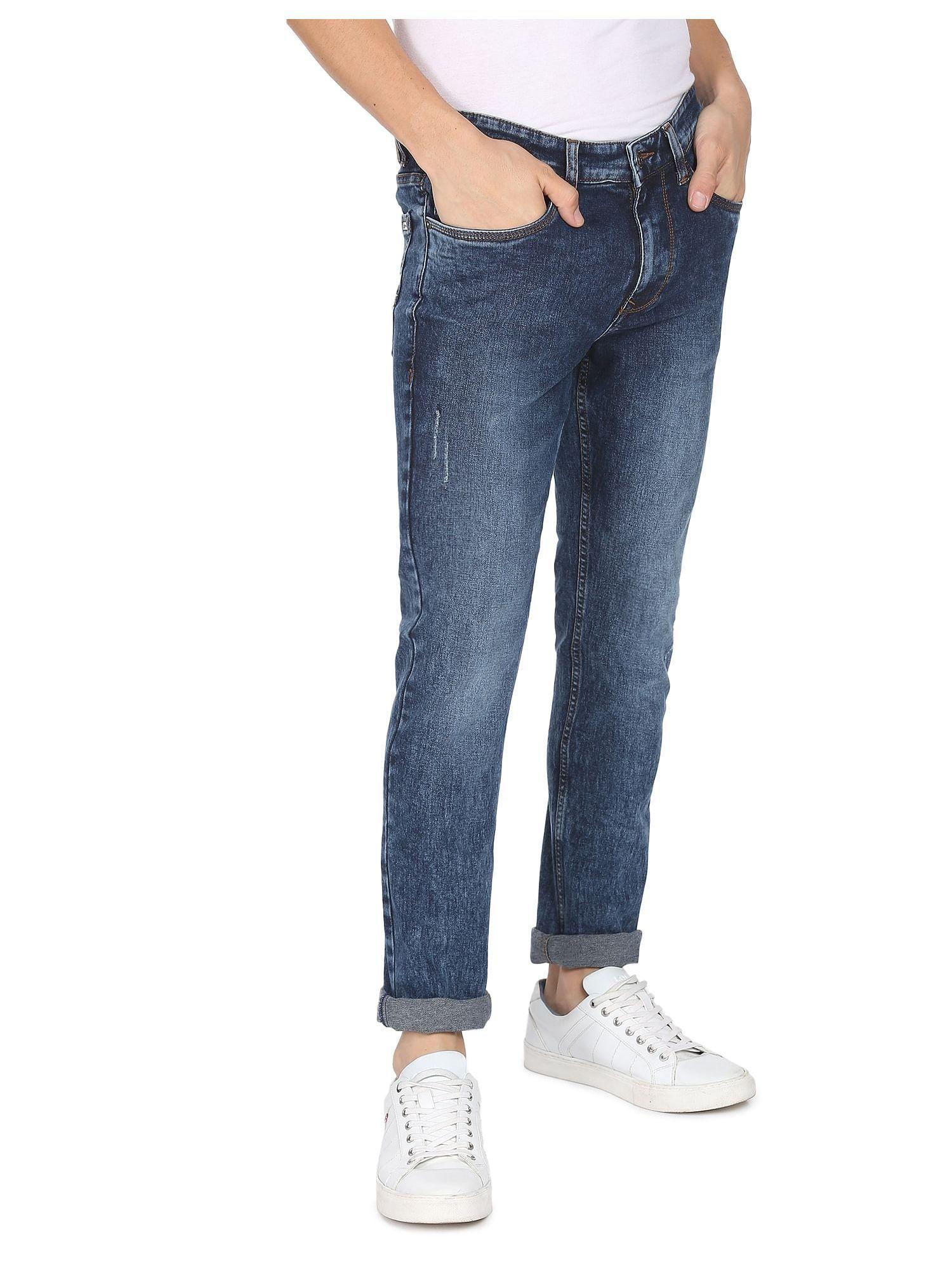 men blue mid rise stone wash skinny fit jeans