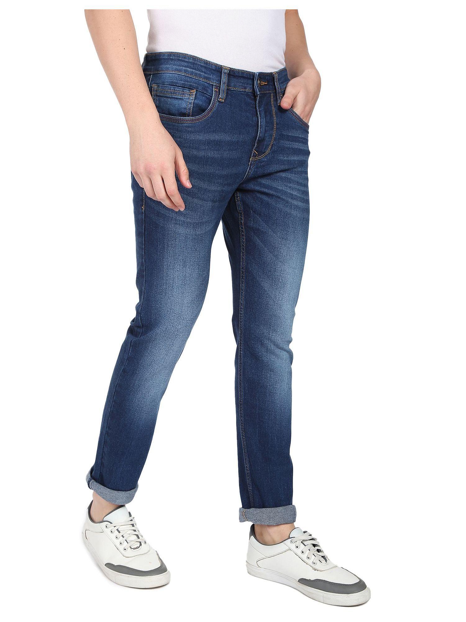 men blue mid rise stone wash slim fit jeans