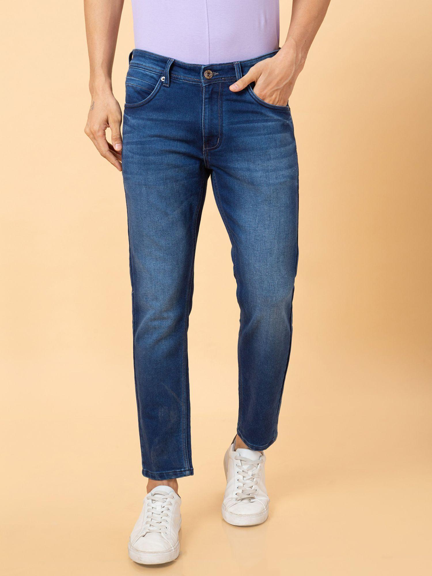 men blue mid rise tapered fit jeans