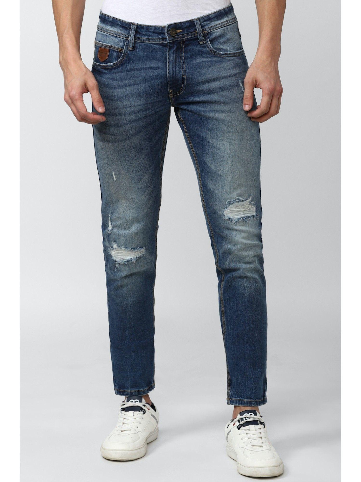 men blue mid wash slim jeans