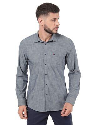 men blue modern slim fit heathered casual shirt