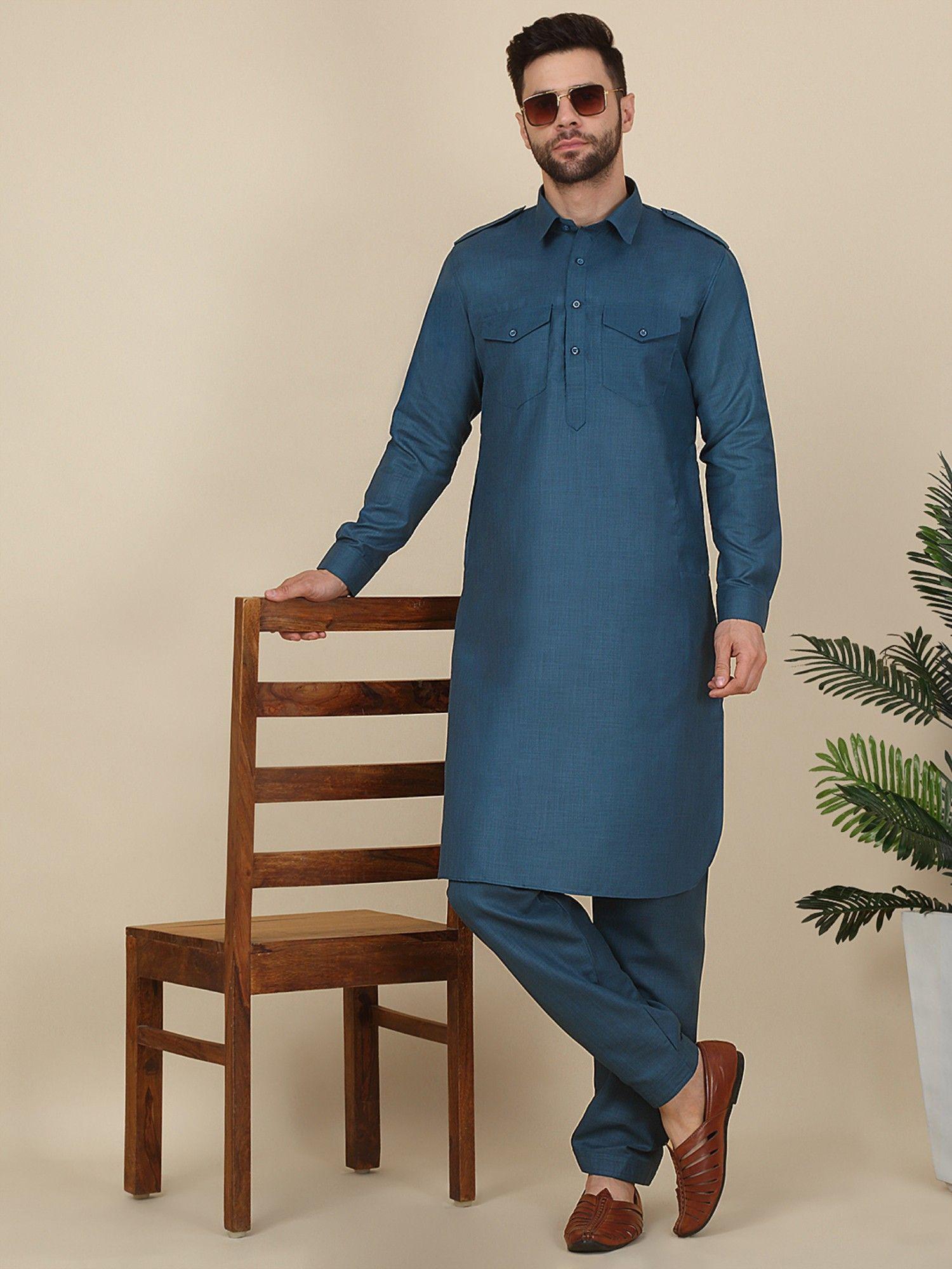 men blue pathani kurta with salwar (set of 2)