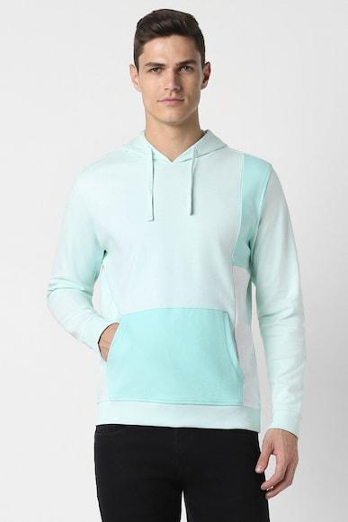 men blue patterned hooded neck sweatshirt