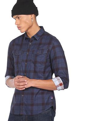 men blue plaid check cotton casual shirt