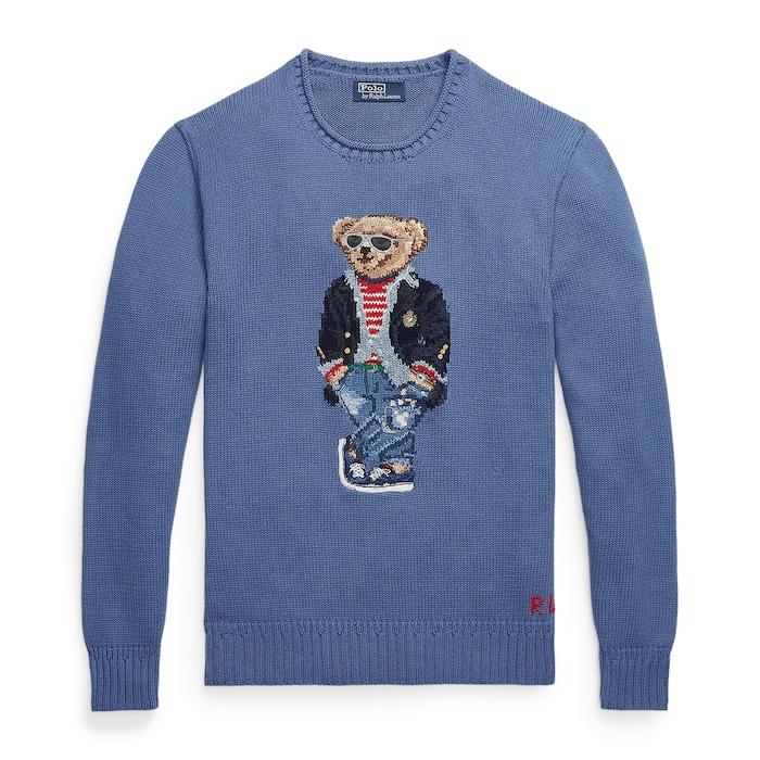 men blue polo bear cotton mockneck sweater