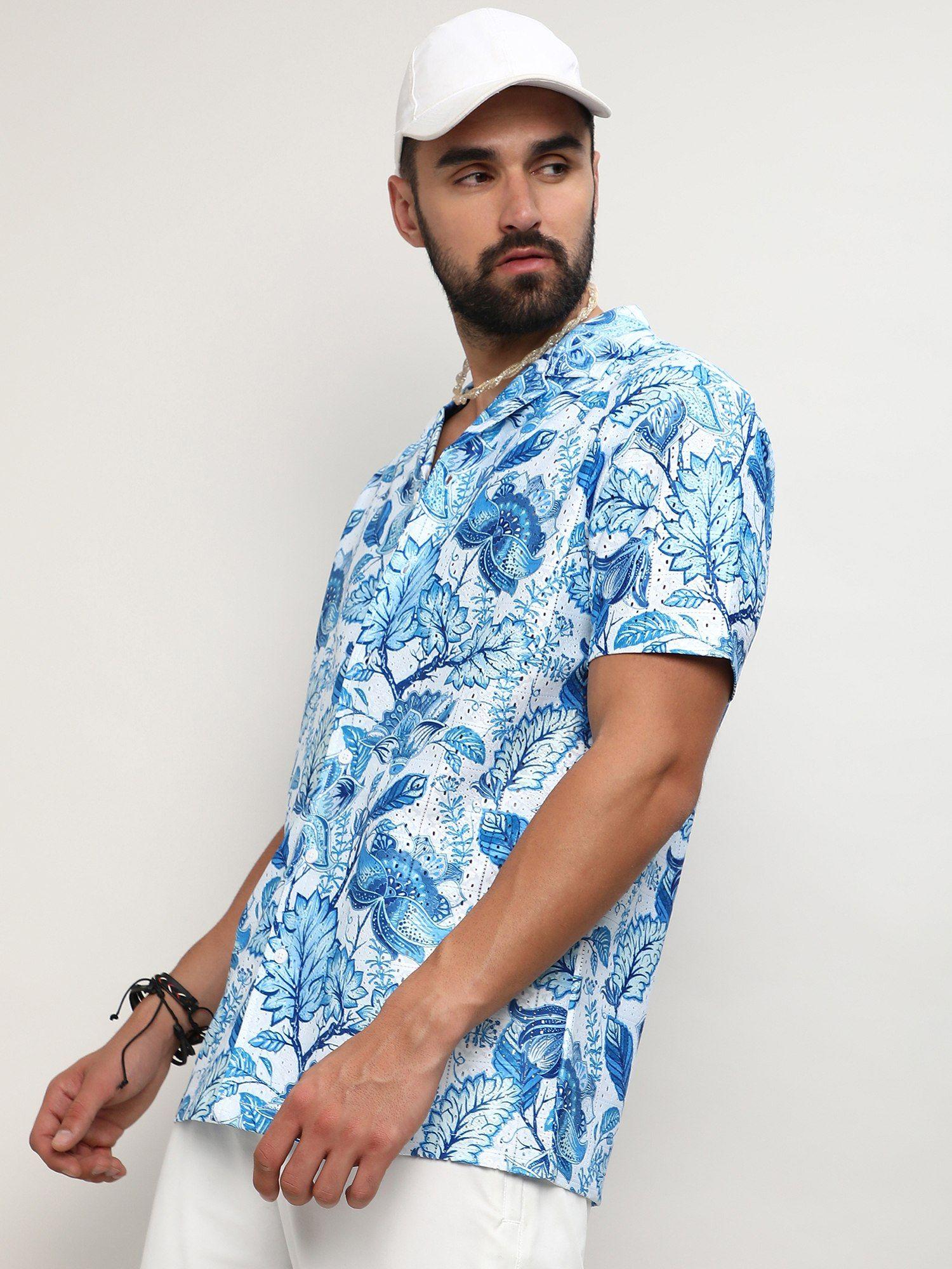 men blue polyester floral printed casual shirt