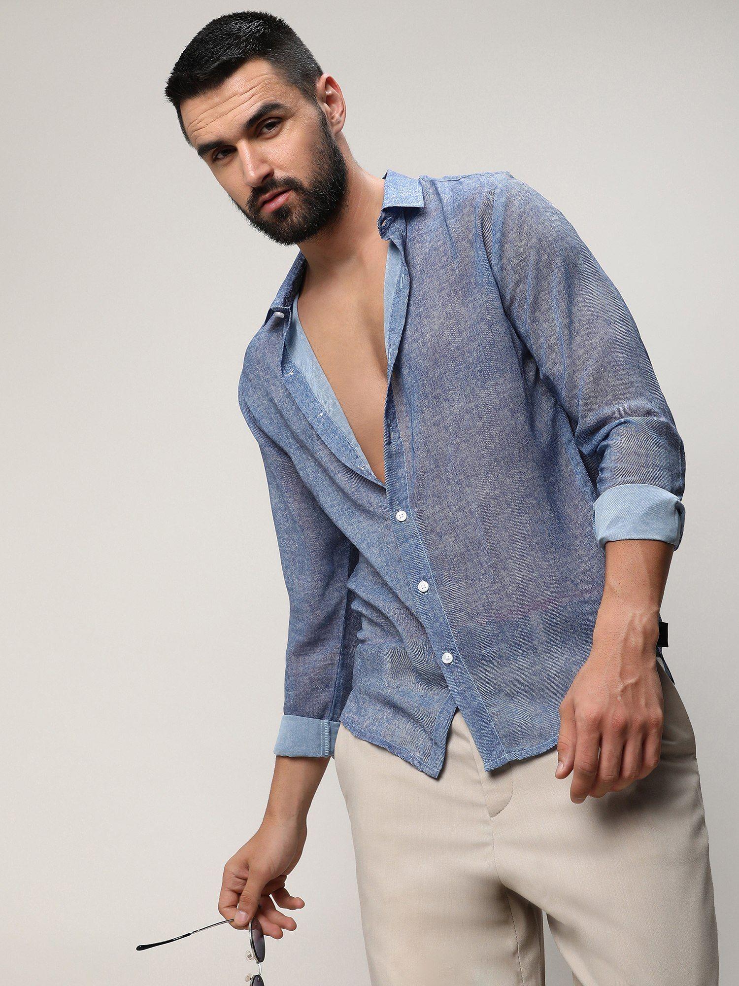 men blue polyester solid casual shirt