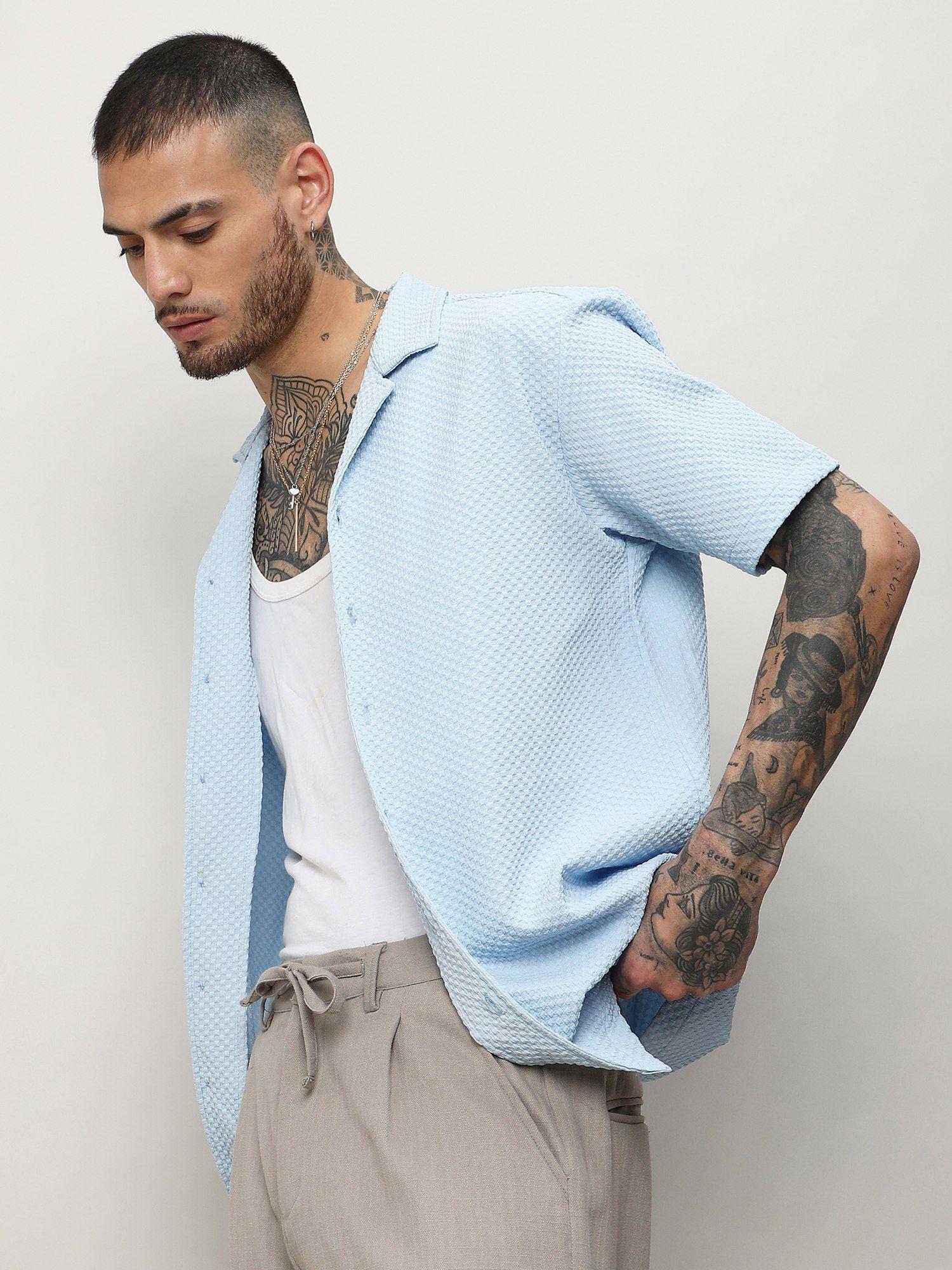 men blue polyester textured casual shirt
