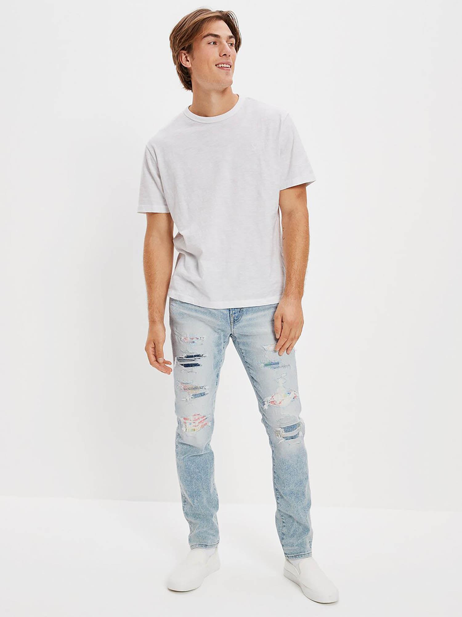 men blue pride air flex+ patched athletic skinny jeans