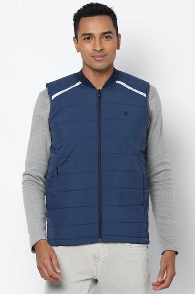 men blue print sleeveless casual jacket