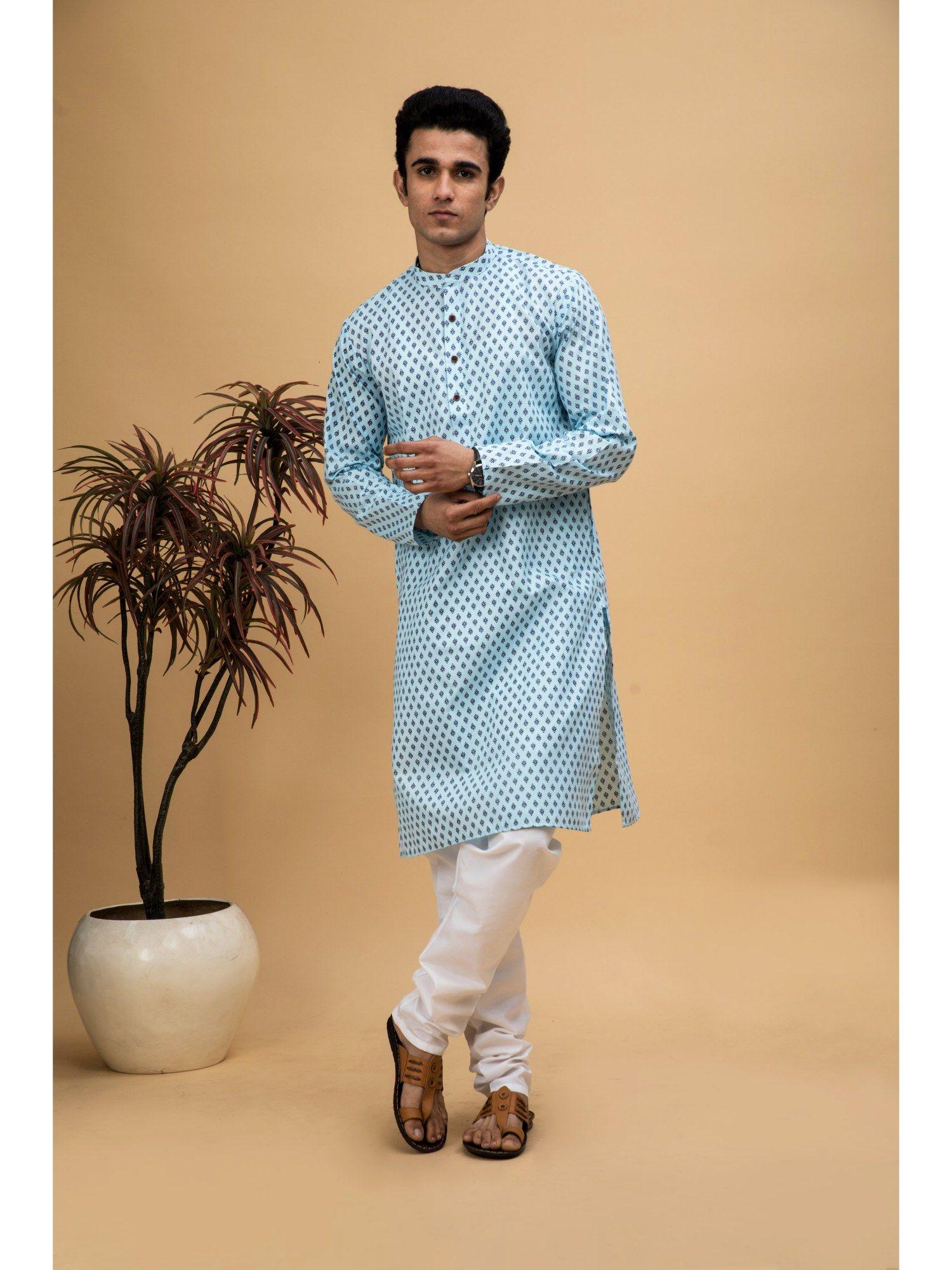 men blue printed cotton long kurta (set of 2)