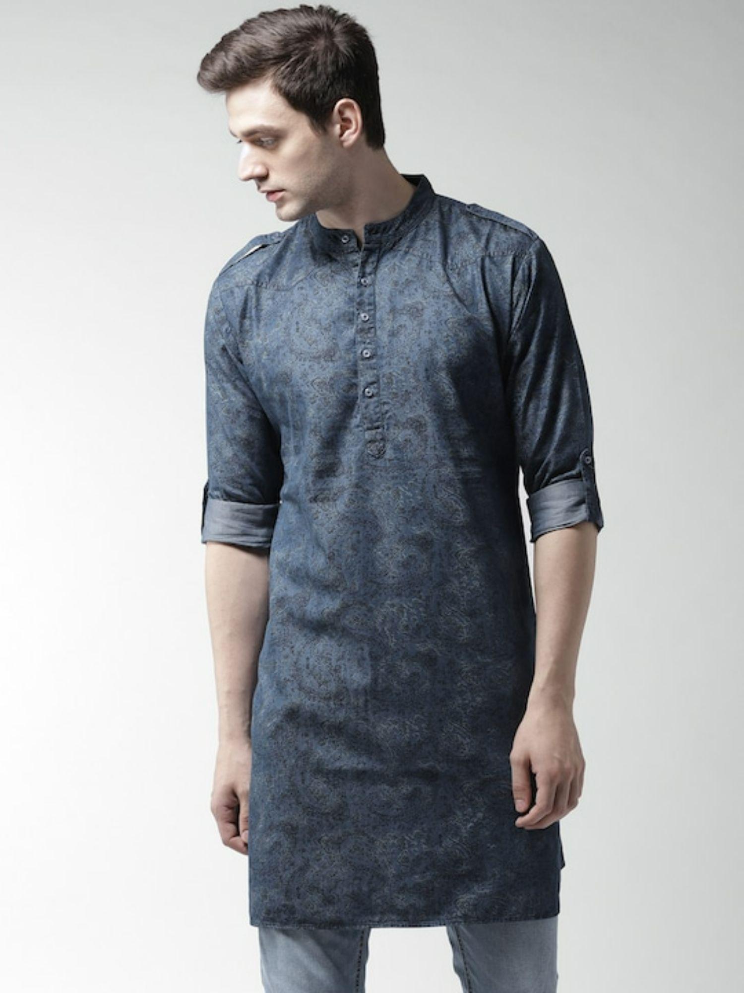 men blue printed denim straight kurta