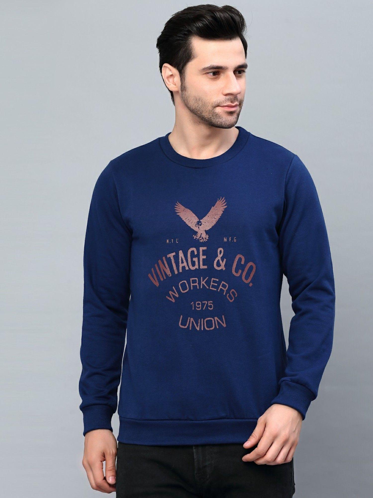 men blue printed fleece sweatshirt