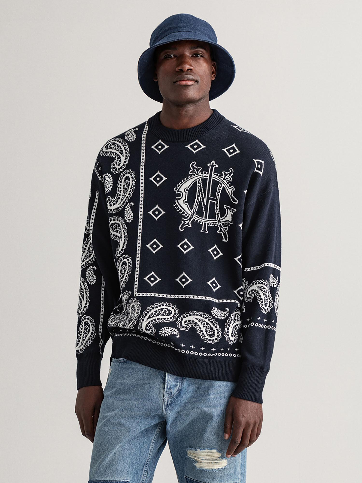 men blue printed regular fit sweater