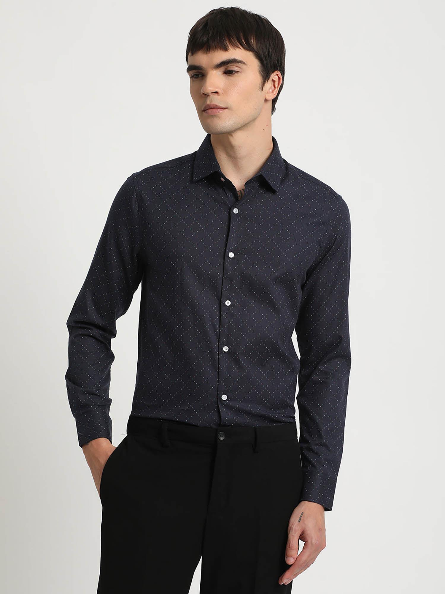 men blue printed slim fit cotton formal shirt