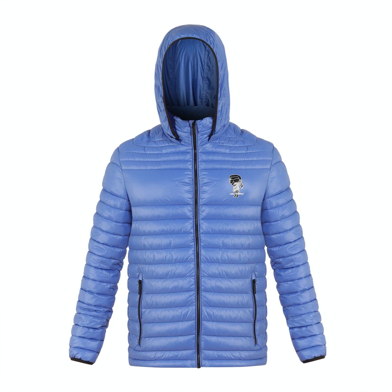 men blue quilted hooded jacket