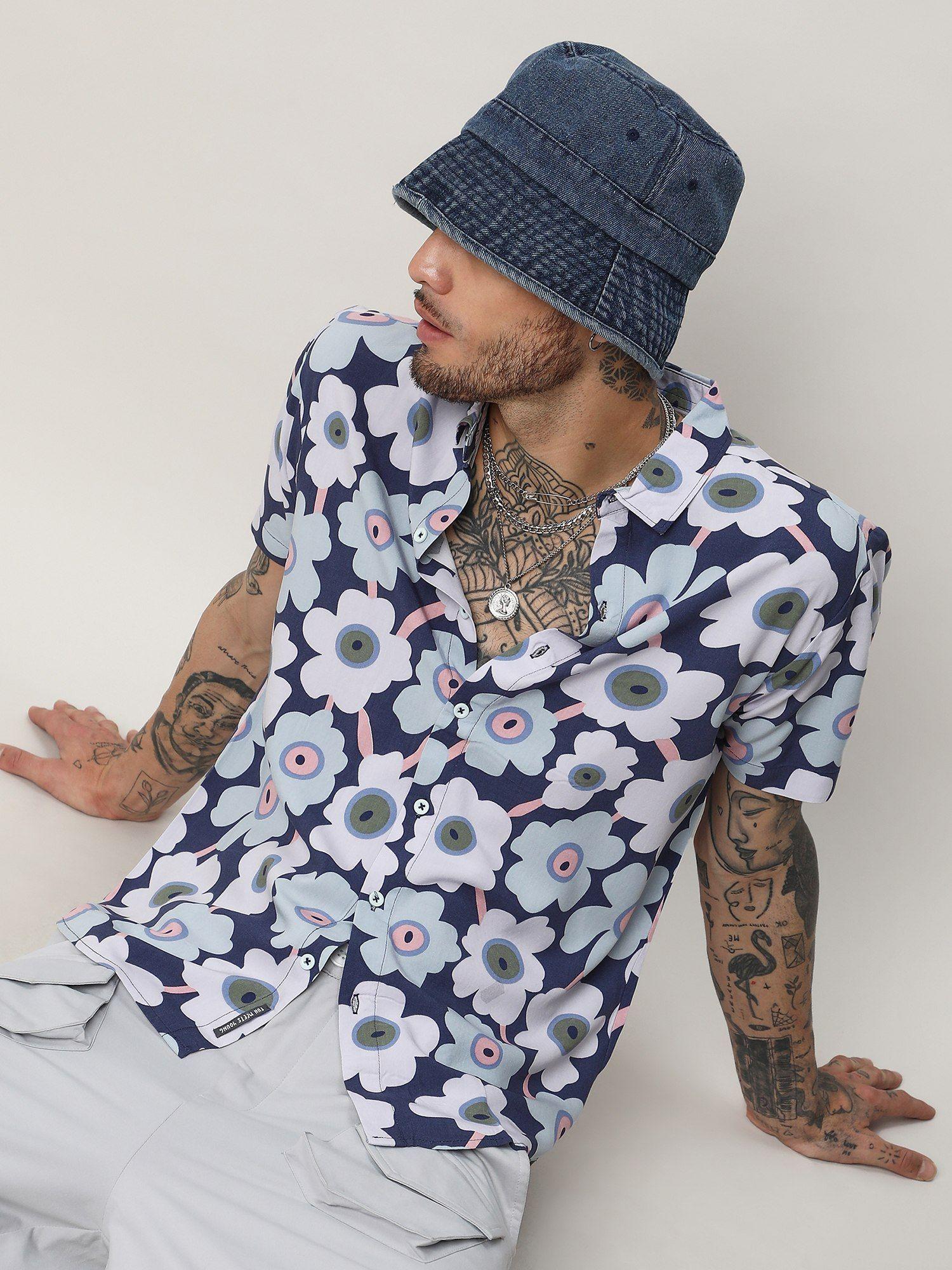 men blue rayon floral printed casual shirt