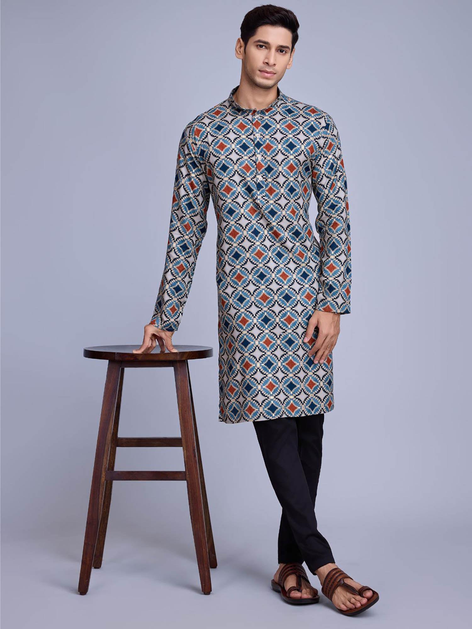 men blue rayon printed stitched kurta