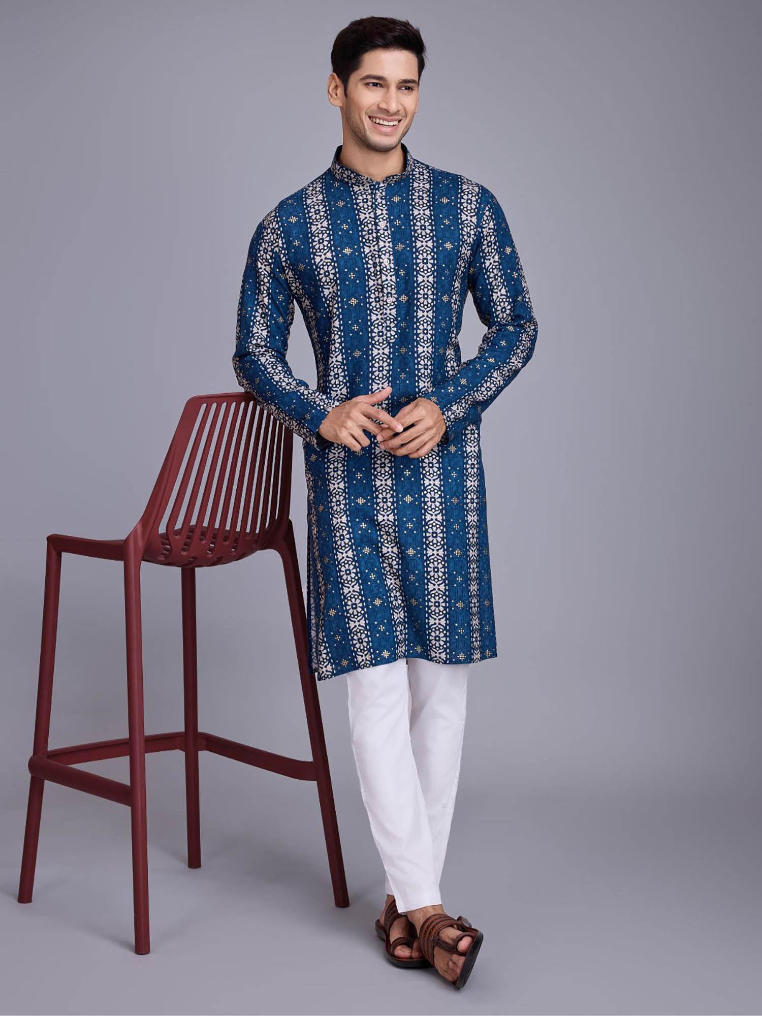 men blue rayon printed stitched kurta