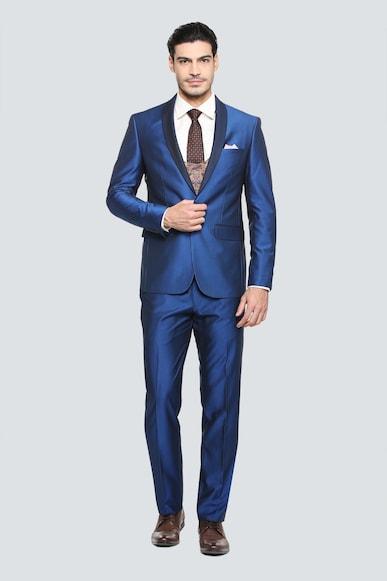 men blue regular fit solid formal three piece suit