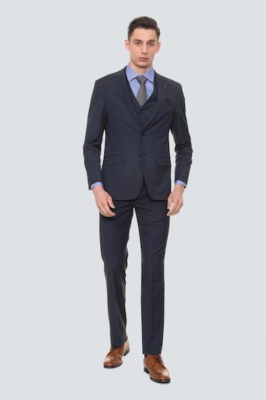 men blue regular fit textured formal three piece suit