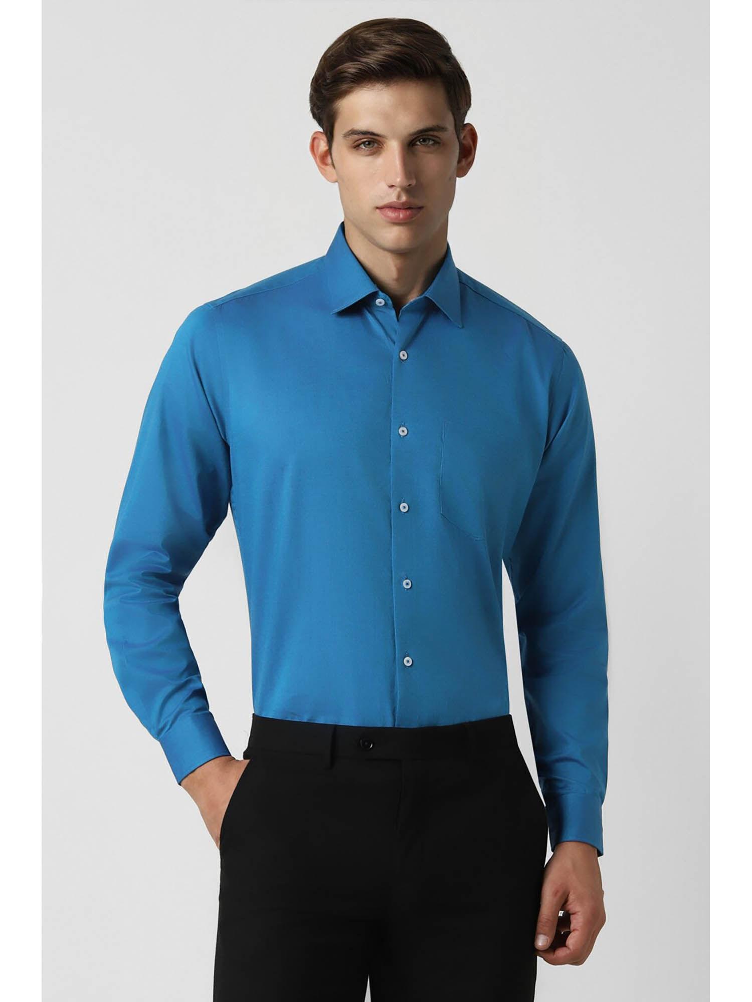men blue regular fit textured full sleeves wedding shirt