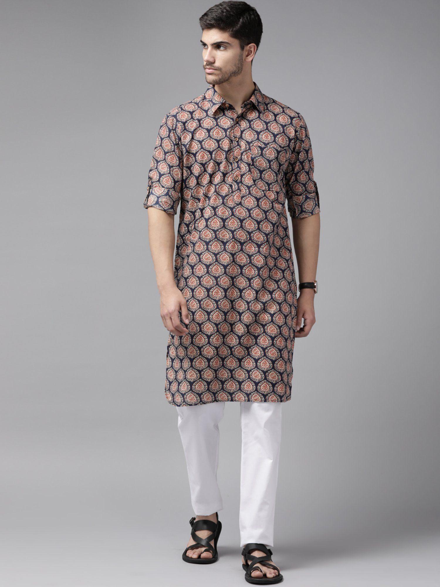 men blue regular pathani printed men's kurta with white salwar (set of 2)