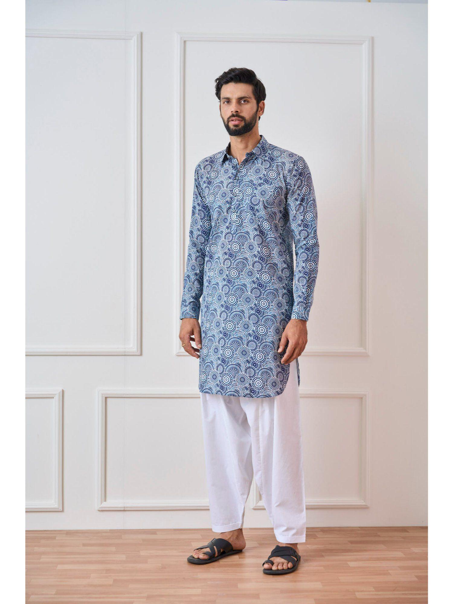 men blue regular pure cotton pathani kurta with white salwar (set of 2)