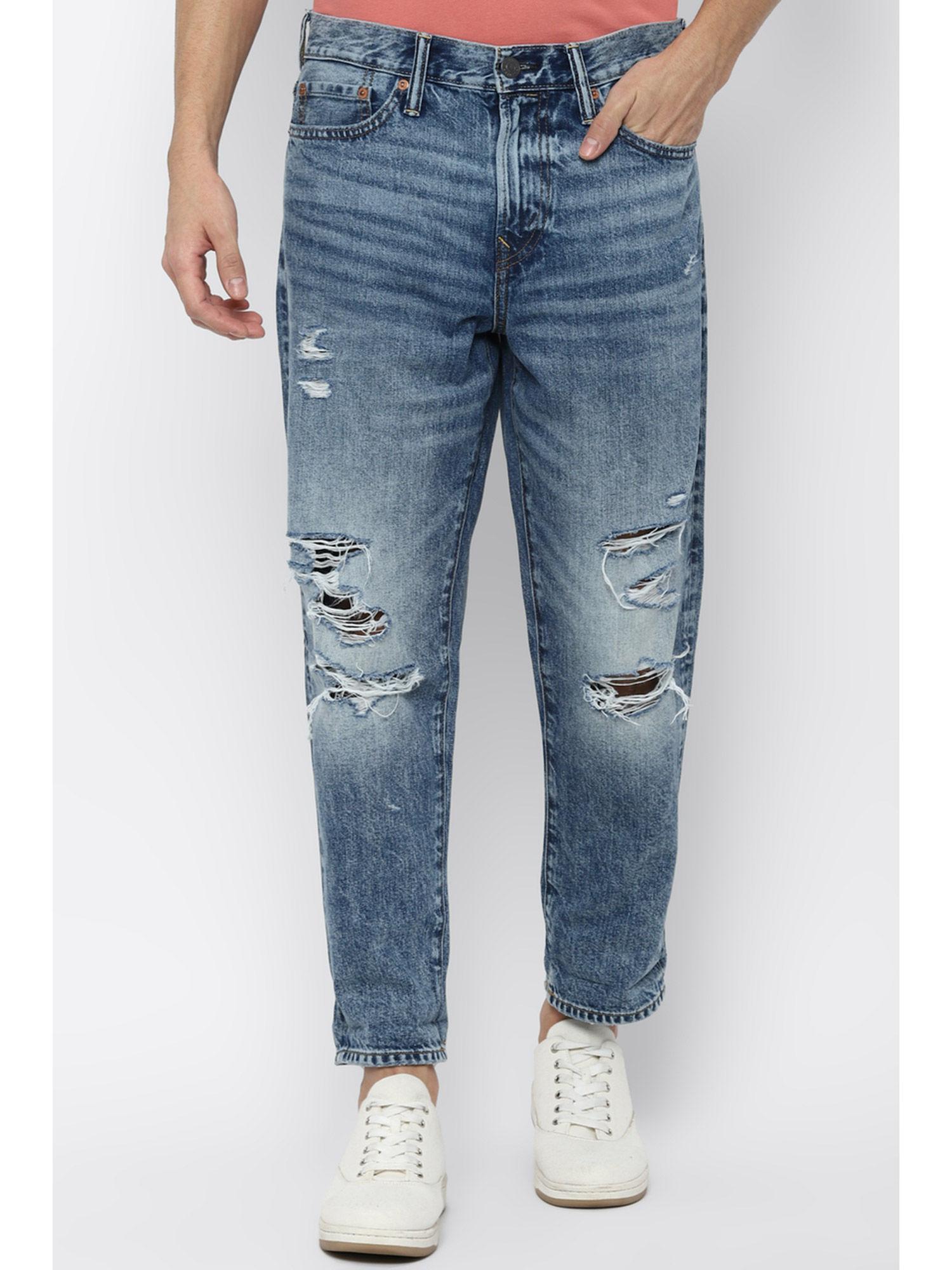 men blue ripped loose cropped jeans