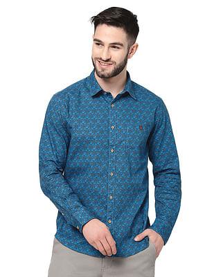 men blue rounded cuff printed casual shirt