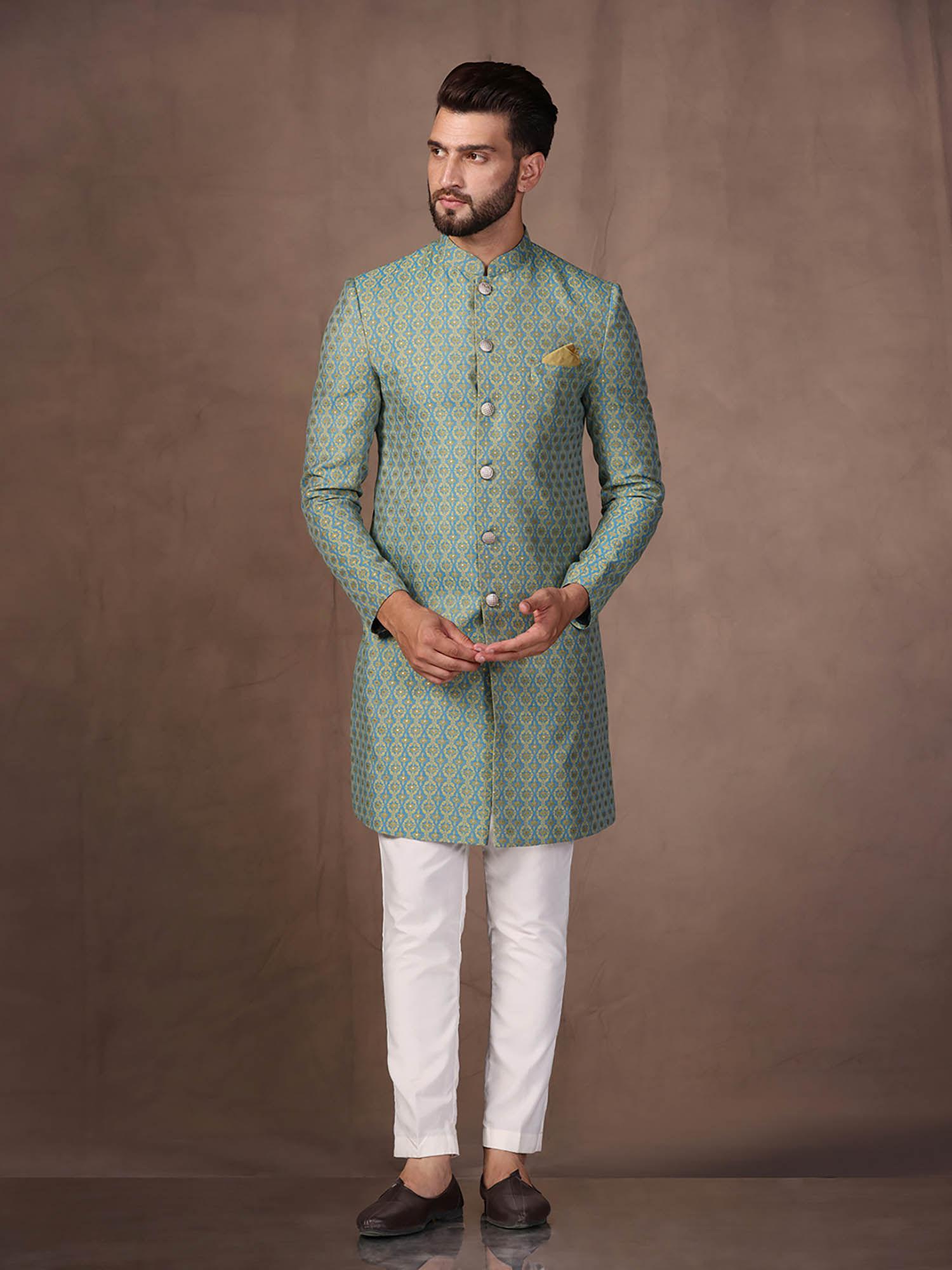 men blue sherwani trouser set (set of 2)