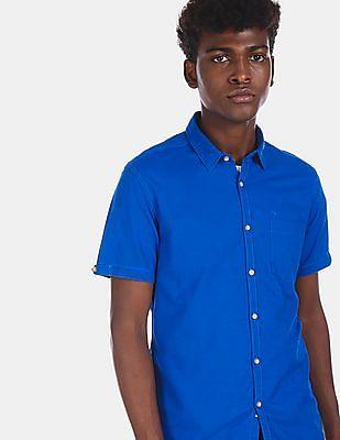 men blue short sleeve solid casual shirt