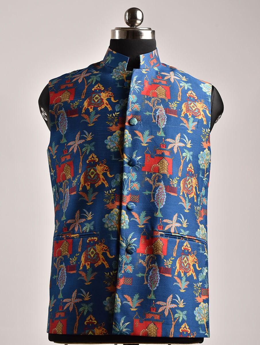 men blue silk printed mandarin collar straight fit nehru jacket