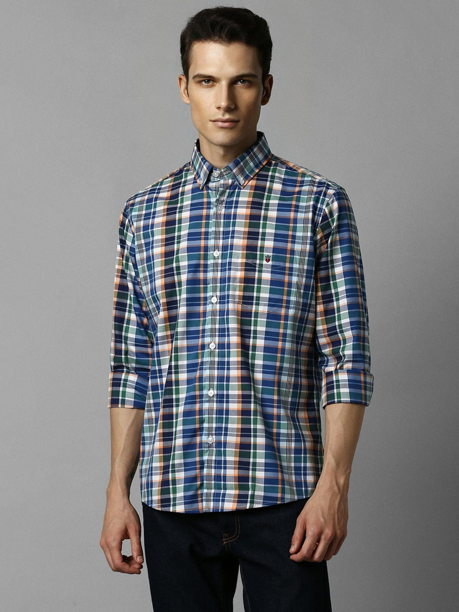 men blue slim fit checks full sleeves casual shirt