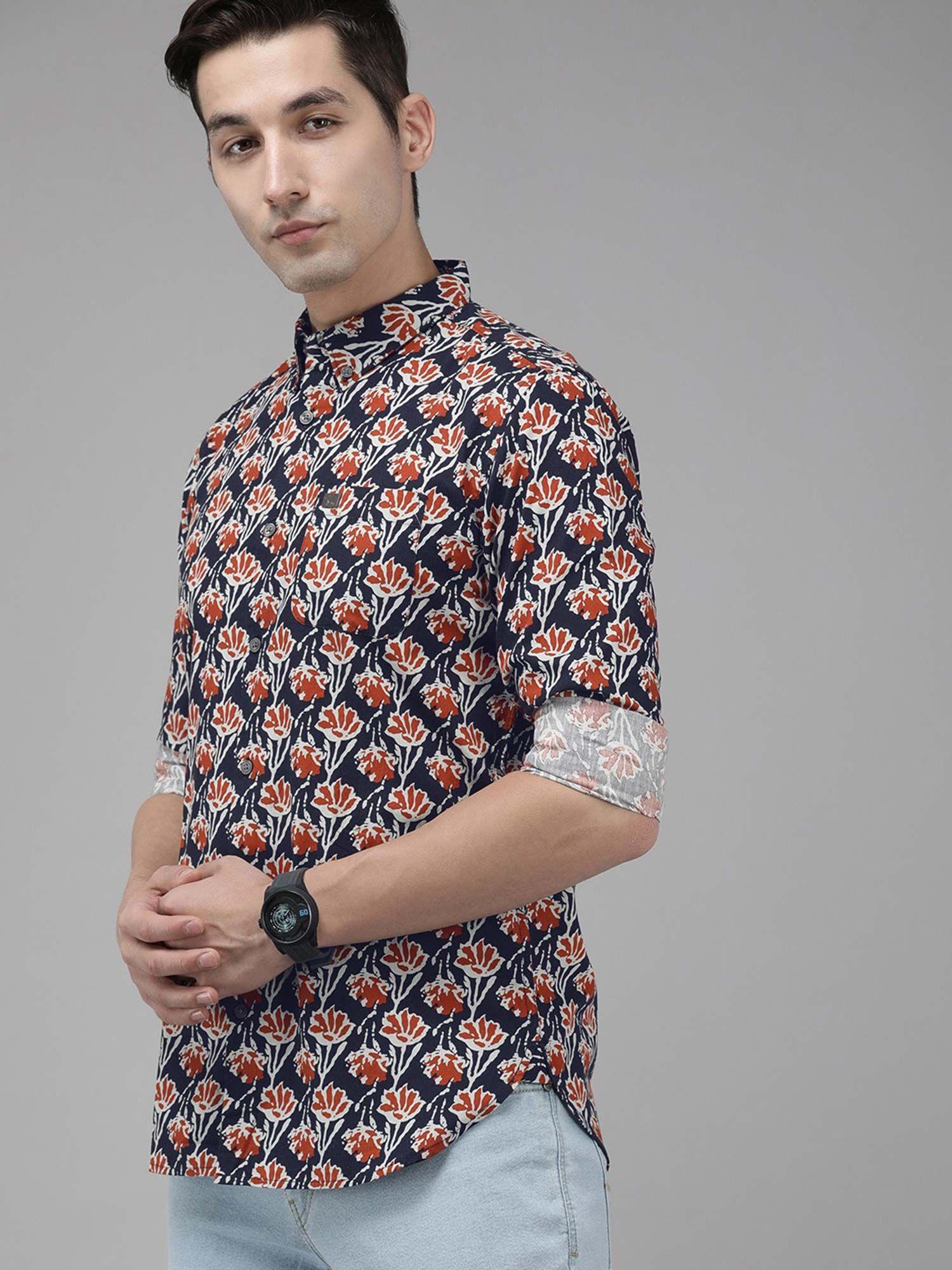 men blue slim fit floral printed cotton casual shirt