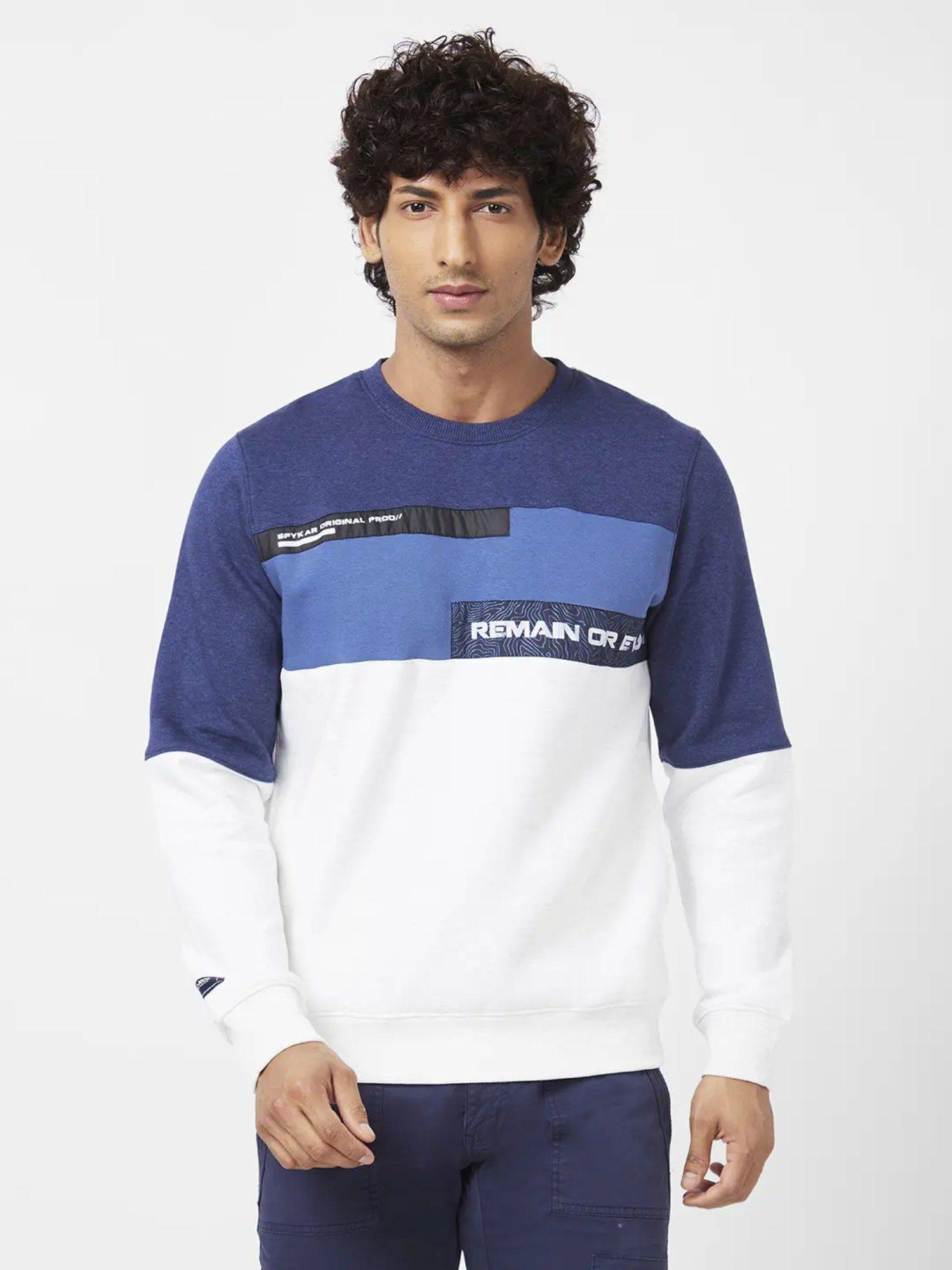 men blue slim fit full sleeve round neck colour block sweatshirt