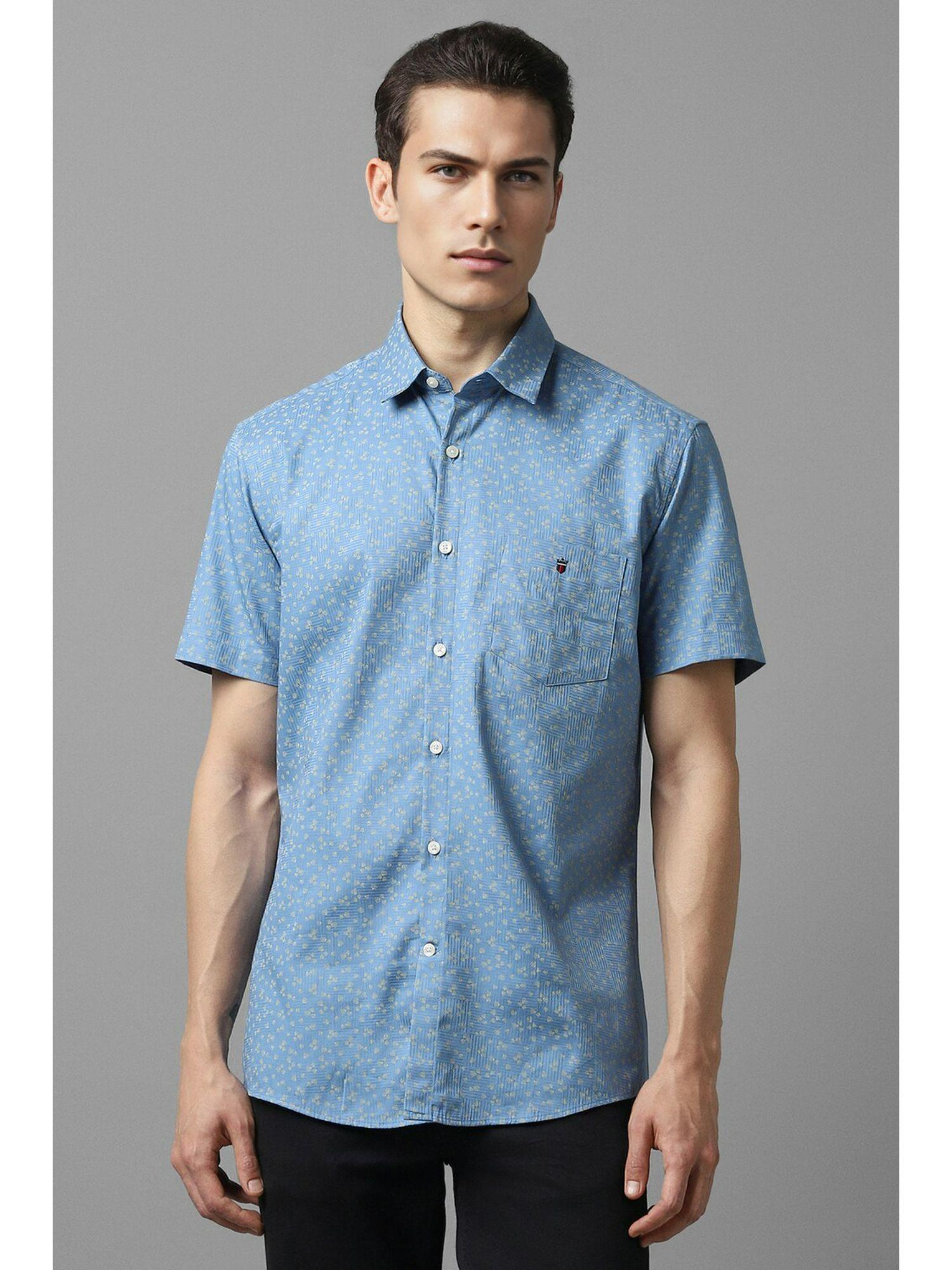 men blue slim fit print half sleeves casual shirt