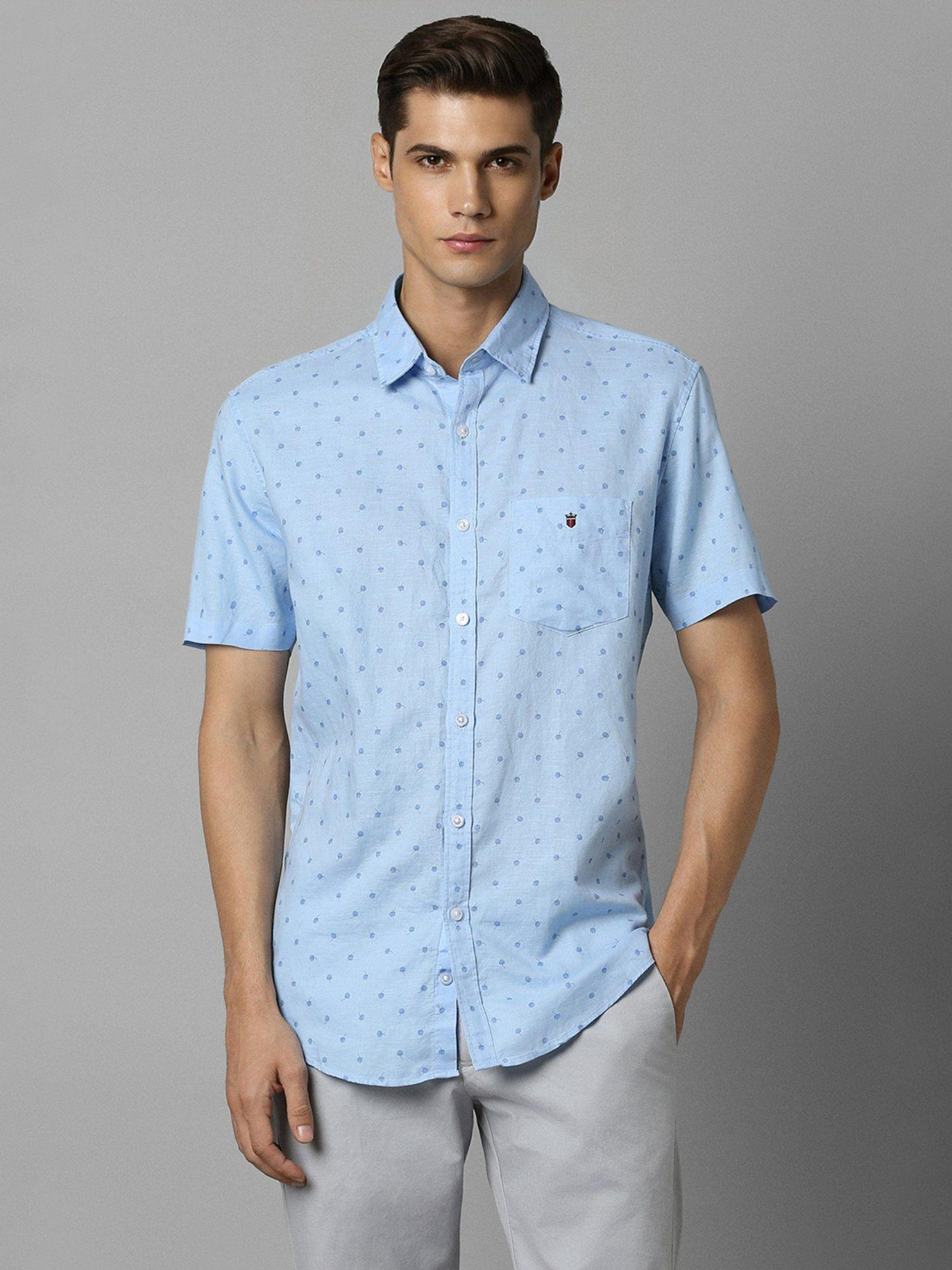 men blue slim fit print half sleeves casual shirt