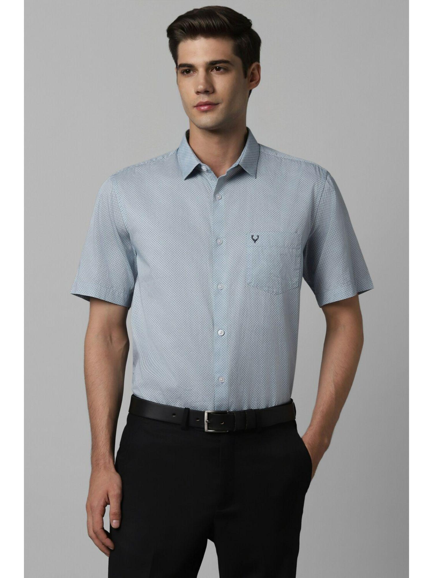 men blue slim fit printed half sleeves formal shirt