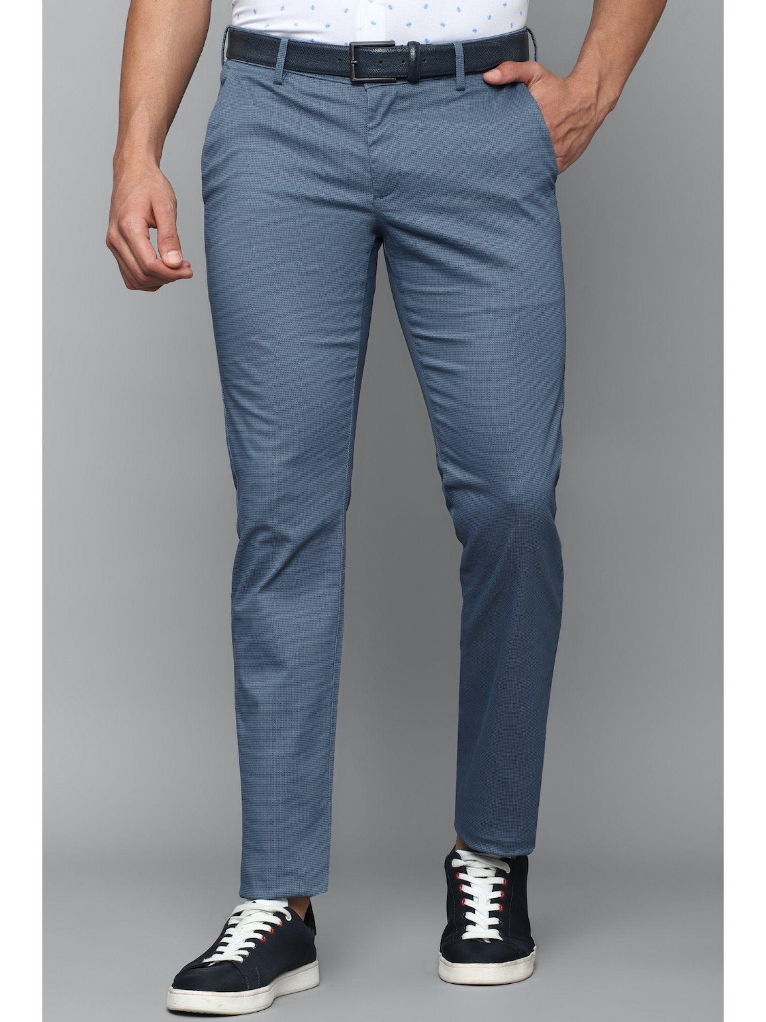 men blue slim fit solid casual trousers