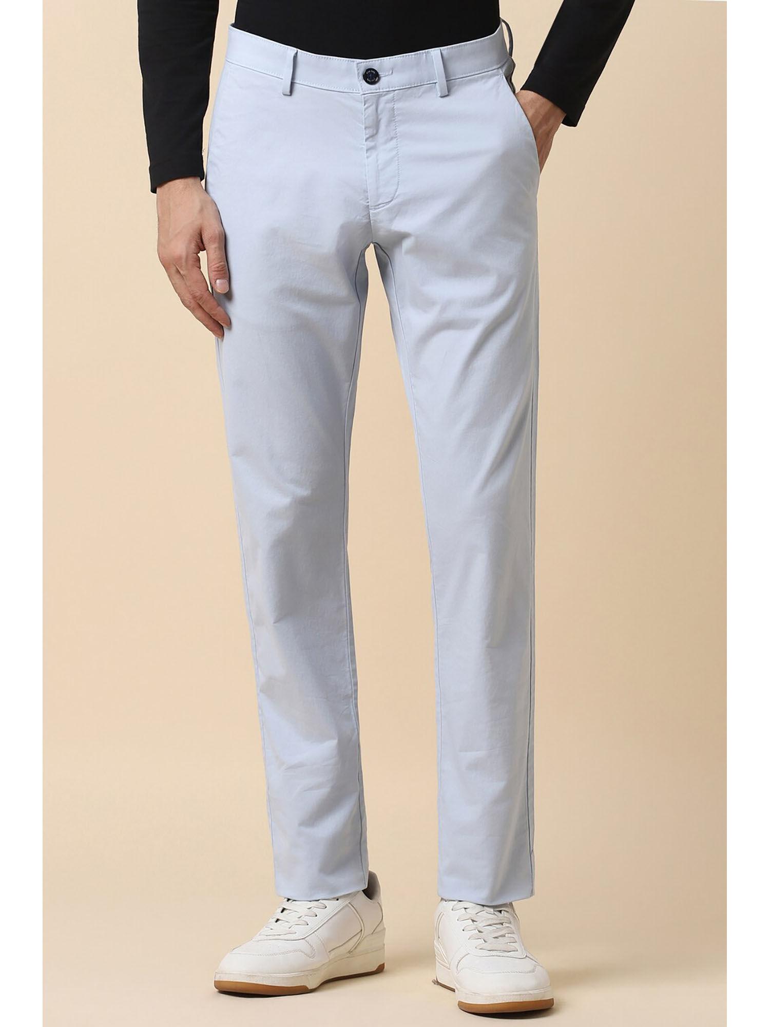men blue slim fit solid casual trousers