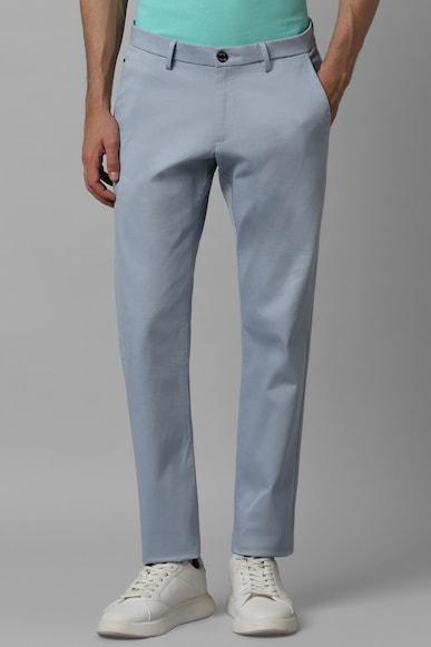 men blue slim fit solid casual trousers