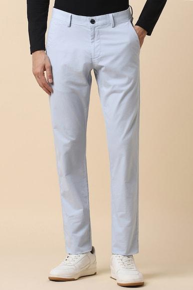 men blue slim fit solid casual trousers